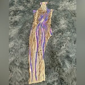 Sequined and mesh halter dress